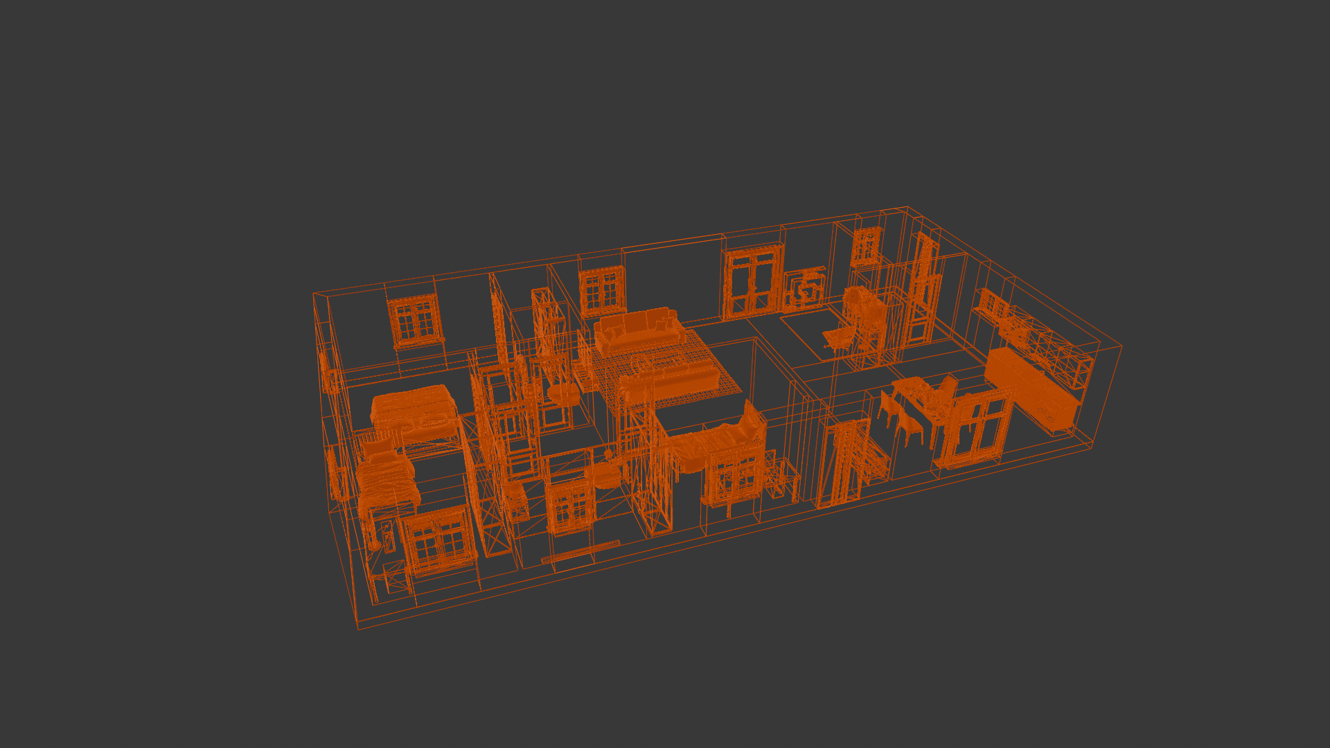 Technical wireframe showing the complete architectural model
