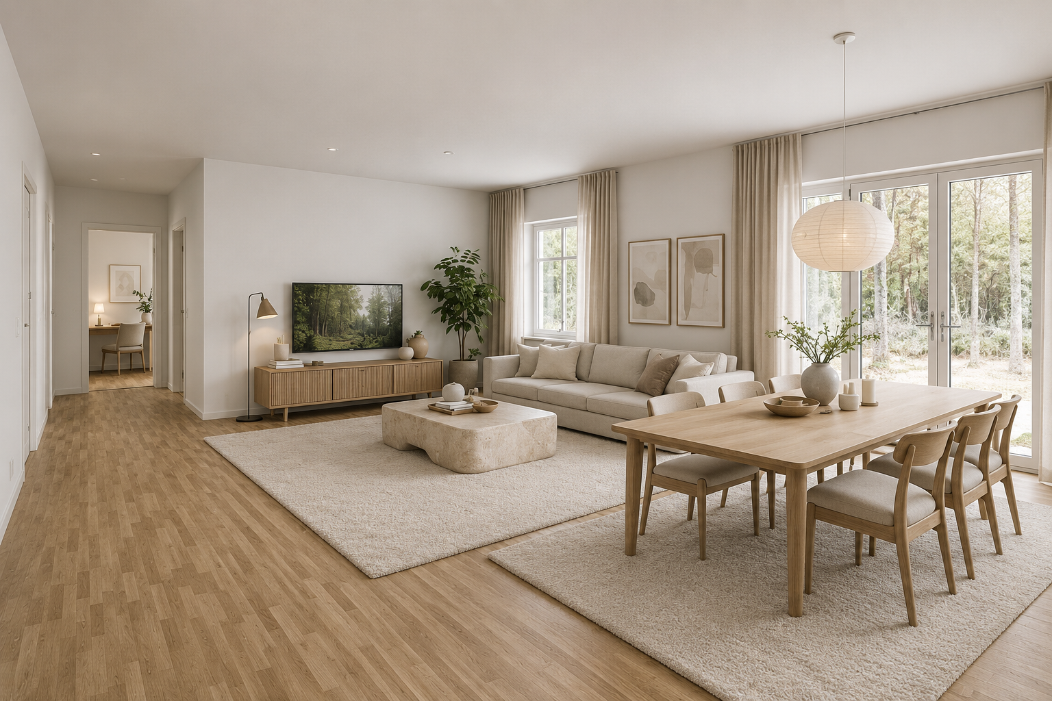 Final furnished Scandinavian interior visualization